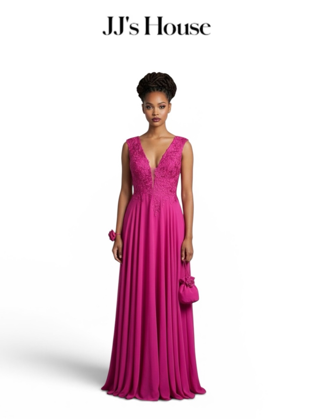 NWT JJ’S HOUSE FUCHSIA LACE CHIFFON EVENING GOWN PLUNGE V NECK FORMAL DRESS US 8